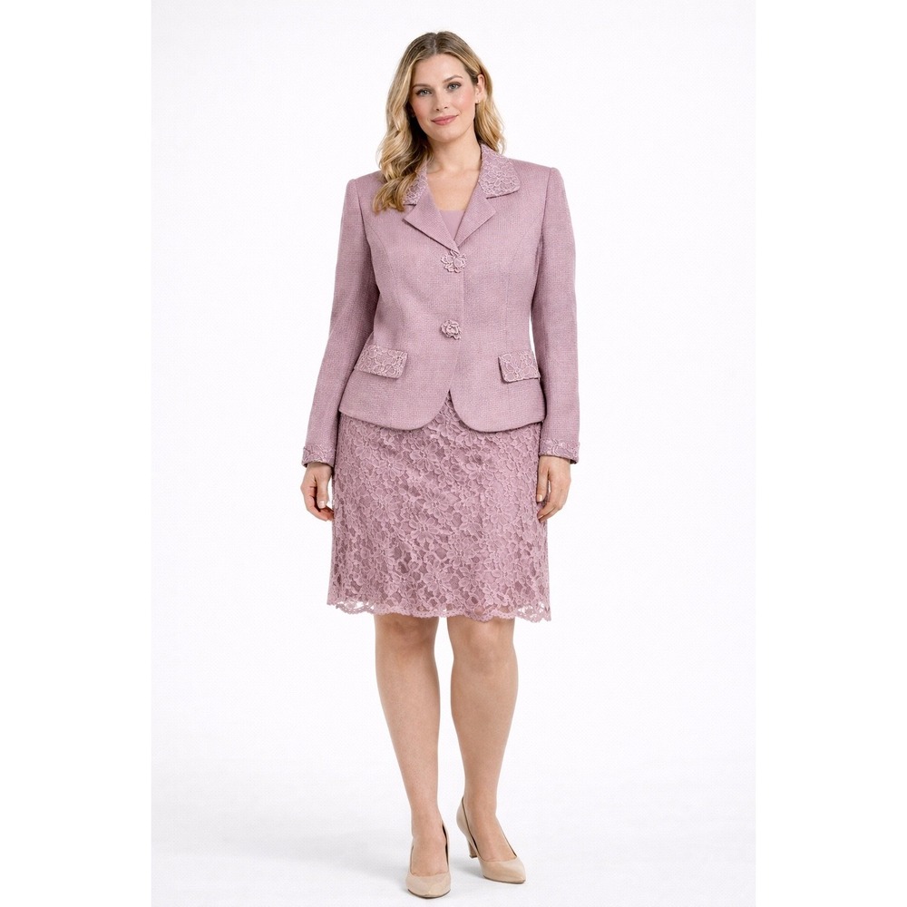 Nipon Boutique Womens 2PC Skirt Suit Set Mauve Lace Trim Blazer Skirt Size 8 NEW